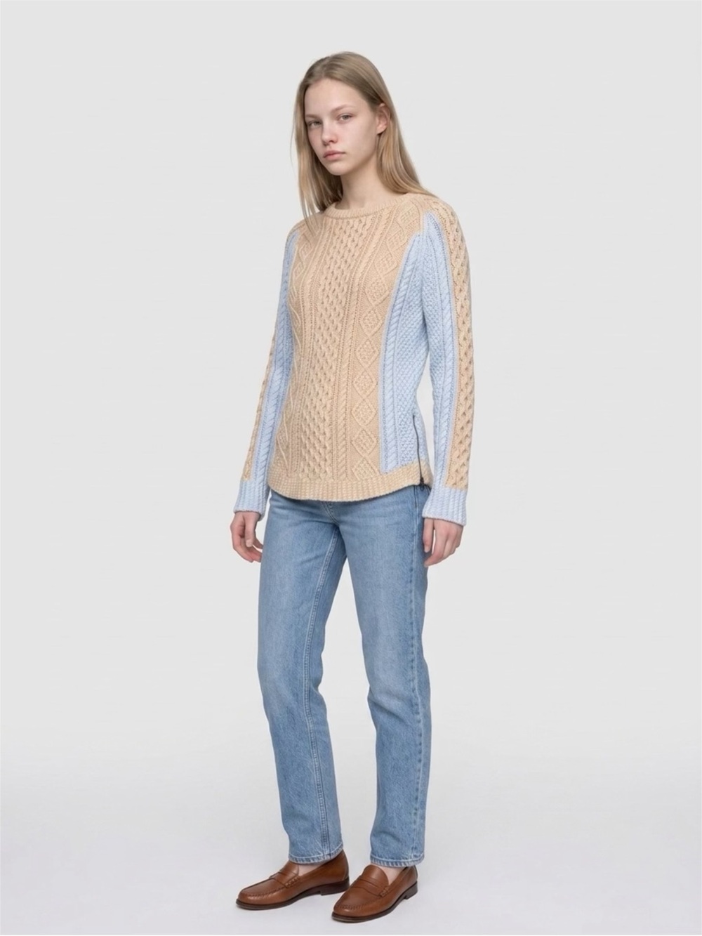 LL Bean Signature Two-Tone Cable Crewneck Sweater in Beige and Light Blue Size S